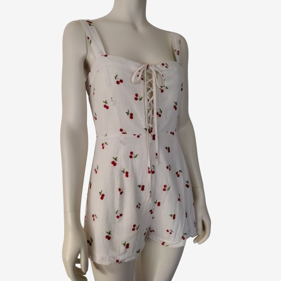 Forever 21 White Cherry Print Sweetheart Lace Up Chest Linen Romper - Picture 3 of 13